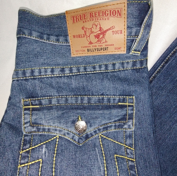 True Religion World Billy SuperT Jeans Mens 34 Bootcut Med Wash Flap Pocket - Picture 2 of 5